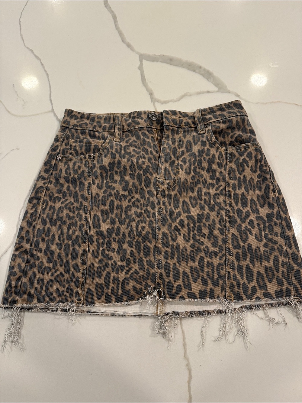 Leopard Print Denim Mini Skirt - Brown & Black